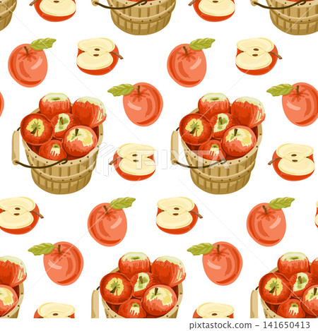 Pattern design featuring red apples and baskets filled with apples on a white background, showcasing sliced apples and green leaves for a fresh, vibrant look Pattern design featuring red apples and baskets filled with apples on a white background, showcasing sliced apples and green leaves for a fresh, vibrant look 141650413