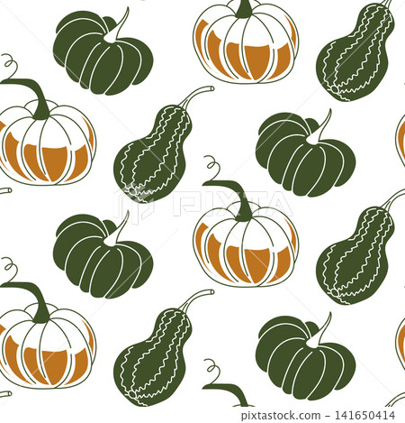 Pattern of decorative pumpkins in green and orange colors on a white background, suitable for autumn-themed designs and seasonal decorations Pattern of decorative pumpkins in green and orange colors on a white background, suitable for autumn-themed designs and seasonal decorations 141650414