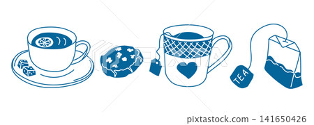 Blue illustration of a cup of tea with lemon slice, a cookie, and a teacup with a tea bag, showcasing a cozy beverage theme in a minimalist design Blue illustration of a cup of tea with lemon slice, a cookie, and a teacup with a tea bag, showcasing a cozy beverage theme in a minimalist design 141650426