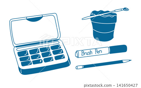 Illustration of art supplies including a watercolor palette, brush pen, paintbrush, and pencil arranged on a white background for creative projects and artistic endeavors Illustration of art supplies including a watercolor palette, brush pen, paintbrush, and pencil arranged on a white background for creative projects and artistic endeavors 141650427