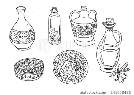 Collection of hand-drawn decorative kitchenware including bottles, jars, and a bowl with olives, featuring intricate patterns and designs on a white background Collection of hand-drawn decorative kitchenware including bottles, jars, and a bowl with olives, featuring intricate patterns and designs on a white background 141650428