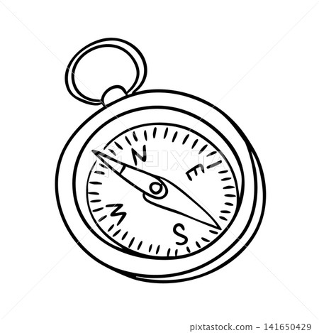 Hand-drawn illustration of a compass showing cardinal directions, featuring a circular design and a ring for attachment, set against a white background Hand-drawn illustration of a compass showing cardinal directions, featuring a circular design and a ring for attachment, set against a white background 141650429