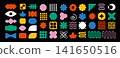 Trendy vector brutalism colorful Y2K shapes icons arcs, waves, stars, ovals, spirals, and other primitive elements. Swiss design aesthetic. Abstract geometric figures. Bauhaus Memphis design. 141650516