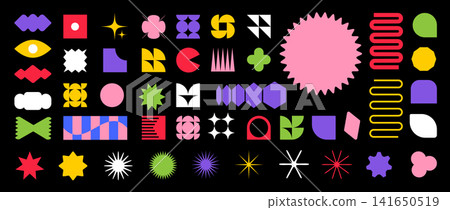 Trendy vector brutalism colorful Y2K shapes icons arcs, waves, stars, ovals, spirals, and other primitive elements. Swiss design aesthetic. Abstract geometric figures. Bauhaus Memphis design. Trendy vector brutalism colorful Y2K shapes icons arcs, waves, stars, ovals, spirals, and other primitive elements. Swiss design aesthetic. Abstract geometric figures. Bauhaus Memphis design. 141650519