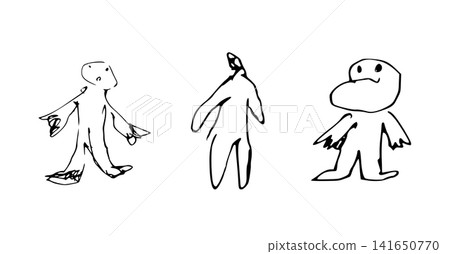 A set of monochrome hand-drawn line art of three figures. 141650770