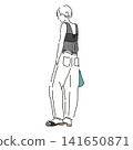Back view layered outfit: Women's fashion illustration of a camisole and wide-leg pants. Back view layered outfit: Women's fashion illustration of a camisole and wide-leg pants. 141650871