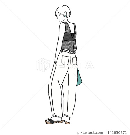 Back view layered outfit: Women's fashion illustration of a camisole and wide-leg pants. Back view layered outfit: Women's fashion illustration of a camisole and wide-leg pants. 141650871