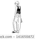 A monochrome line drawing illustration of a woman from behind, wearing layered fashion. A monochrome line drawing illustration of a woman from behind, wearing layered fashion. 141650872