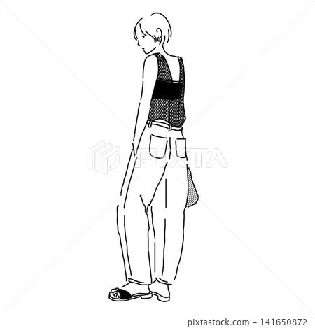 A monochrome line drawing illustration of a woman from behind, wearing layered fashion. A monochrome line drawing illustration of a woman from behind, wearing layered fashion. 141650872