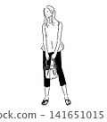 A monochrome line drawing fashion illustration of a woman wearing a peplum top and capri pants. A monochrome line drawing fashion illustration of a woman wearing a peplum top and capri pants. 141651015