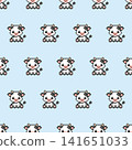 Seamless pixel art cute cow pattern on a blue background. 141651033