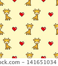 Seamless pixel art giraffe with hearts pattern on yellow background. 141651034