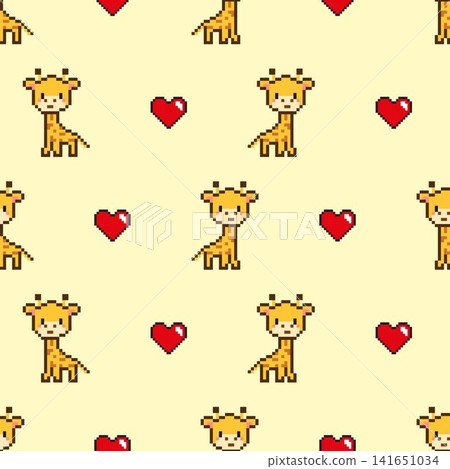 Seamless pixel art giraffe with hearts pattern on yellow background. Seamless pixel art giraffe with hearts pattern on yellow background. 141651034