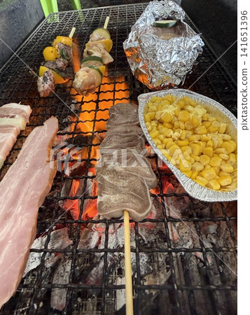 炭火上烤著肉和蔬菜的燒烤場景。 炭火上烤著肉和蔬菜的燒烤場景。 141651396