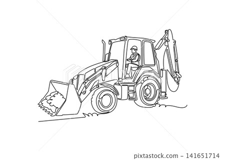 Single continuous line drawing young male driver operating a heavy backhoe loader machine transporting soil in its front bucket on a construction site. One line draw graphic design vector illustration Single continuous line drawing young male driver operating a heavy backhoe loader machine transporting soil in its front bucket on a construction site. One line draw graphic design vector illustration 141651714