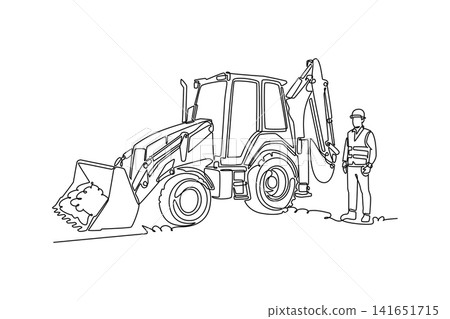 Single continuous line drawing young male construction worker in safety gear standing next to a heavy backhoe loader tractor on building site. Dynamic one line draw graphic design vector illustration Single continuous line drawing young male construction worker in safety gear standing next to a heavy backhoe loader tractor on building site. Dynamic one line draw graphic design vector illustration 141651715