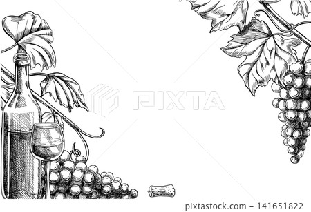 A bottle of wine, a glass, a ripe bunch of grapes, and leaves in a rectangular frame. Perfect for wine labels, restaurant menus, invitations, and packaging. A bottle of wine, a glass, a ripe bunch of grapes, and leaves in a rectangular frame. Perfect for wine labels, restaurant menus, invitations, and packaging. 141651822