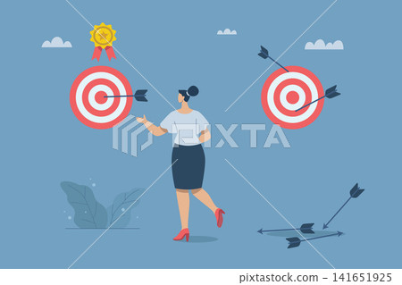 The goal of a company or organization that emphasizes quality over quantity, The goal of quality products with quantity, Businesswoman compares a fixed goal with the number of arrows. Vector design. The goal of a company or organization that emphasizes quality over quantity, The goal of quality products with quantity, Businesswoman compares a fixed goal with the number of arrows. Vector design. 141651925