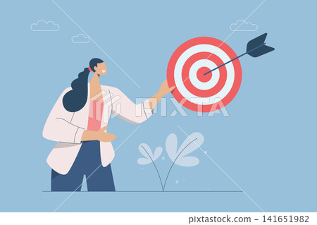 Setting business goals, Creating inspiration or effective strategies, Create the expectation of winning and the ambition of the organization, Businesswoman with target and arrow in center. Vector. Setting business goals, Creating inspiration or effective strategies, Create the expectation of winning and the ambition of the organization, Businesswoman with target and arrow in center. Vector. 141651982