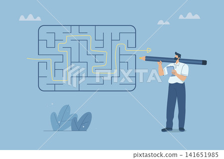 Complex problem solving skills, Businessman holding a big pencil showing how to solve a maze, Solving complex business problems, Intelligence and the ability to overcome difficulties. Complex problem solving skills, Businessman holding a big pencil showing how to solve a maze, Solving complex business problems, Intelligence and the ability to overcome difficulties. 141651985