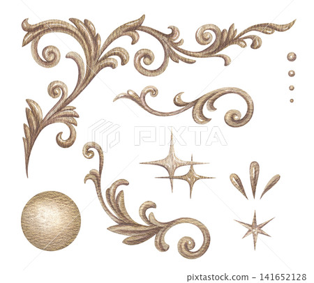 Vintage floral and celestial ornament set. Hand drawn watercolor gold victorian ornate filigree in elegant rococo style. Classic design for invitation. Luxury decorative element for abstract logo. Vintage floral and celestial ornament set. Hand drawn watercolor gold victorian ornate filigree in elegant rococo style. Classic design for invitation. Luxury decorative element for abstract logo. 141652128