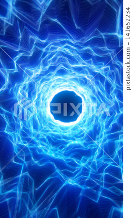 Blue crystalline energy vortex with glowing geometric waves, deep portal center, and futuristic abstract tunnel effect. Blue crystalline energy vortex with glowing geometric waves, deep portal center, and futuristic abstract tunnel effect. 141652234