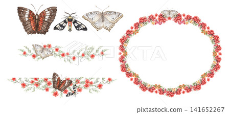 Butterflies wreath with flower and text divider set watercolor illustration. Hand drawn white and red peacock with snapdragon and wasp moth. Botanical floral template for vintage summer greeting card. 141652267