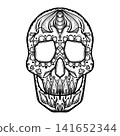 Intricate black and white Day of the Dead sugar skull vector illustration inspired by traditional Mexican Calavera art. 141652344