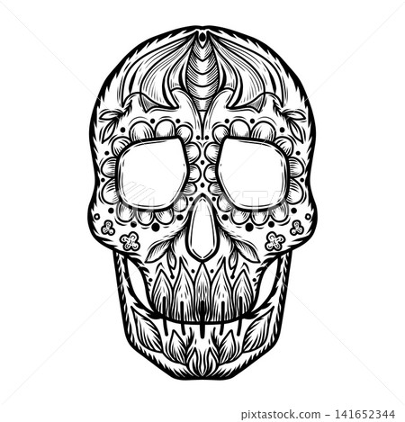 Intricate black and white Day of the Dead sugar skull vector illustration inspired by traditional Mexican Calavera art. Intricate black and white Day of the Dead sugar skull vector illustration inspired by traditional Mexican Calavera art. 141652344