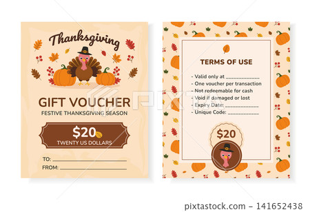 Thanksgiving Gift Voucher Template with Turkey, Pumpkins and Autumn Leaves for Seasonal Promotion Thanksgiving Gift Voucher Template with Turkey, Pumpkins and Autumn Leaves for Seasonal Promotion 141652438