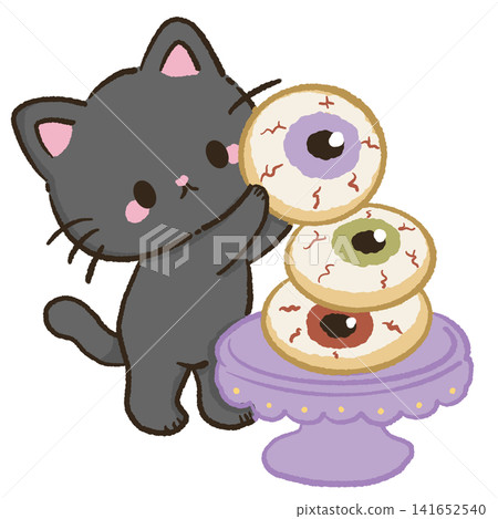 Cute Kawaii Chibi Black Cat Holding Stacked Eyeball Cookies Spooky Halloween Bakery Dessert Pastel Clipart Illustration Cute Kawaii Chibi Black Cat Holding Stacked Eyeball Cookies Spooky Halloween Bakery Dessert Pastel Clipart Illustration 141652540