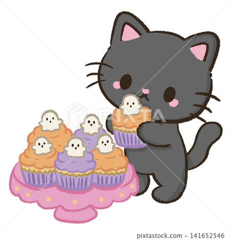 Cute Kawaii Chibi Black Cat Holding a Ghost Cupcake with Spooky Halloween Buttercream Pastel Clipart Illustration Cute Kawaii Chibi Black Cat Holding a Ghost Cupcake with Spooky Halloween Buttercream Pastel Clipart Illustration 141652546