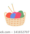 Yarn basket vector illustration. Crocheted woven basket with colorful balls of wool yarn and wooden knitting needles isolated on white background in flat design style. Supplies for cozy craft hobby 141652707