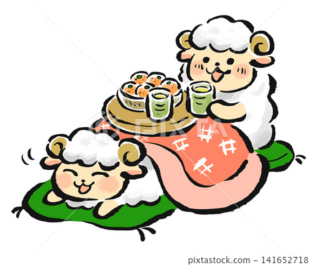 The sheep (Year of the Sheep) relaxing under a kotatsu (heated table). The sheep (Year of the Sheep) relaxing under a kotatsu (heated table). 141652718