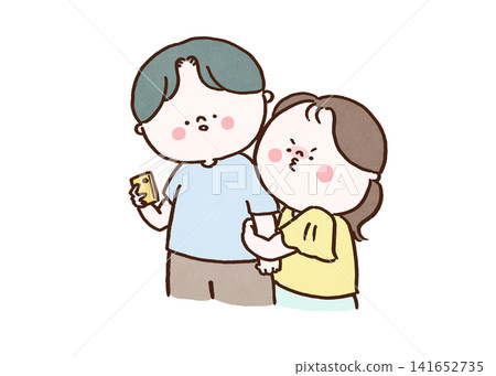 一名女子緊緊抓住男友的手臂,因為他總是低頭看手機而悶悶不樂(她想引起他的注意)。 一名女子緊緊抓住男友的手臂,因為他總是低頭看手機而悶悶不樂(她想引起他的注意)。 141652735