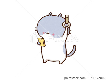 A cat holding onto a train strap while looking at its smartphone (commuting to work or school) A cat holding onto a train strap while looking at its smartphone (commuting to work or school) 141652802