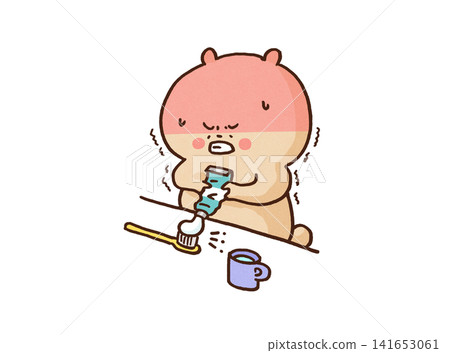 A bear with a bright red face desperately squeezes out the last bit of toothpaste (frugal/wasteful). A bear with a bright red face desperately squeezes out the last bit of toothpaste (frugal/wasteful). 141653061
