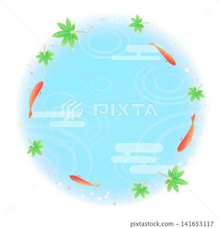 一款清新別緻的相框材質,飾以藍色楓葉和遊動的金魚圖案。 (圓形) 一款清新別緻的相框材質,飾以藍色楓葉和遊動的金魚圖案。 (圓形) 141653117
