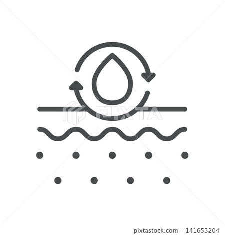 Sebum control line icon. Oil drop with circular arrows above skin surface. Editable stroke vector illustration. Sebum control line icon. Oil drop with circular arrows above skin surface. Editable stroke vector illustration. 141653204