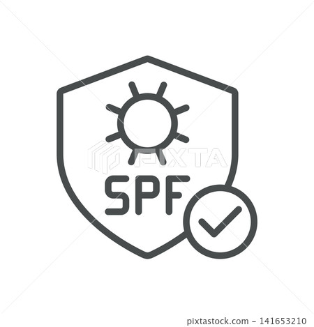 SPF sunscreen line icon. Sun protection shield with approved check mark. Editable stroke vector illustration. SPF sunscreen line icon. Sun protection shield with approved check mark. Editable stroke vector illustration. 141653210