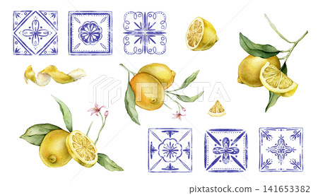 Watercolor lemons clipart with traditional blue and white Azulejo-style mosaic tiles. Elements for invitation templates, branding, or kitchen decor. Hand drawn Mediterranean-style illustration. Watercolor lemons clipart with traditional blue and white Azulejo-style mosaic tiles. Elements for invitation templates, branding, or kitchen decor. Hand drawn Mediterranean-style illustration. 141653382
