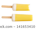 Ice cream on a stick with a bite mark isolated on a white background. Ice cream or fruit ice isolated on a white background. 141653410