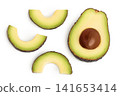 avocado half and slices isolated on white background. Top view. Flat lay 141653414
