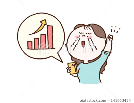 A woman cries tears of joy as she looks at an upward-sloping graph on her smartphone (investment/NISA). 141653434