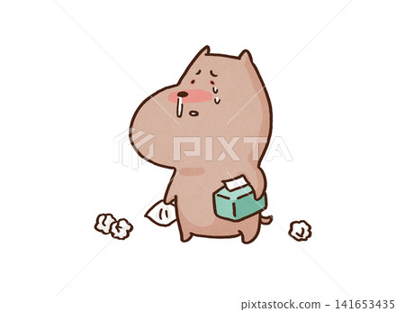 A dog repeatedly wiping its runny nose and tears with a tissue (hay fever/heartbreak) 141653435