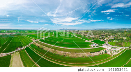 Aerial panorama of green agricultural fields and irrigation network in the Ebro Delta, Catalonia, Spain Aerial panorama of green agricultural fields and irrigation network in the Ebro Delta, Catalonia, Spain 141653451