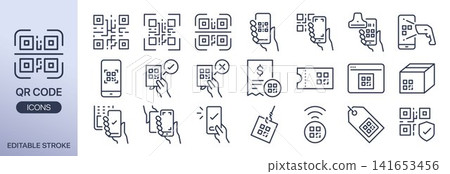 QR code line icon set. It includes scan, online, web link, mobile banking QR code line icon set. It includes scan, online, web link, mobile banking 141653456