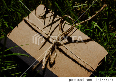 Eco friendly kraft paper brown notebook with natural jute twine resting on green grass, sustainable packaging concept for handmade gifts, zero waste lifestyle and conscious shopping. Summer memories. Eco friendly kraft paper brown notebook with natural jute twine resting on green grass, sustainable packaging concept for handmade gifts, zero waste lifestyle and conscious shopping. Summer memories. 141653473