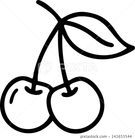 Line drawing of two cherries with a leaf on a stem on a transparent background. 141653544