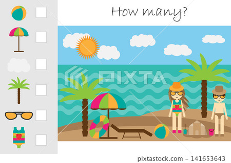 How many counting game, summer beach for kids, educational maths task for the development of logical thinking, preschool worksheet activity, count and write the result, vector illustration How many counting game, summer beach for kids, educational maths task for the development of logical thinking, preschool worksheet activity, count and write the result, vector illustration 141653643